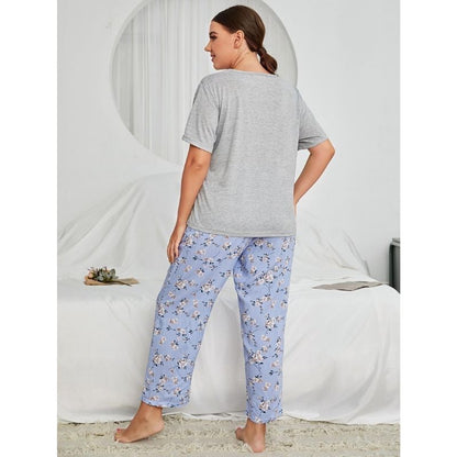 Flower Printed Plus Size Pajamas Set